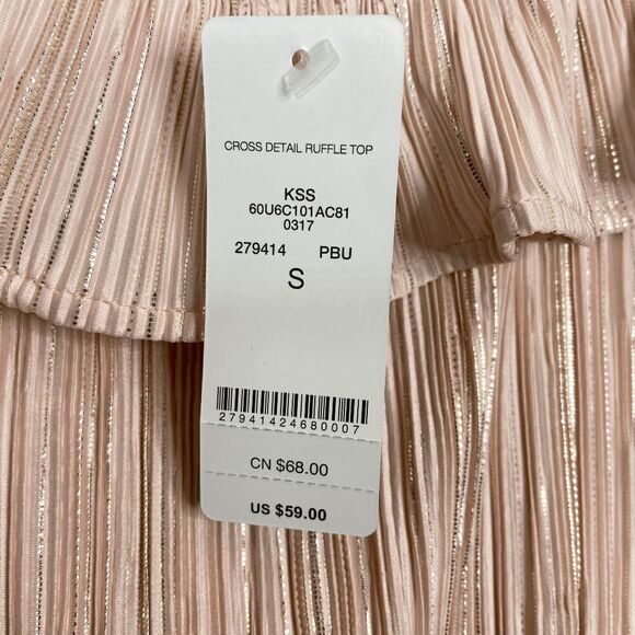 Bebe Women's Cross Detail Ruffle Top Pink Size Small Metallic Striped - Picture 4 of 6